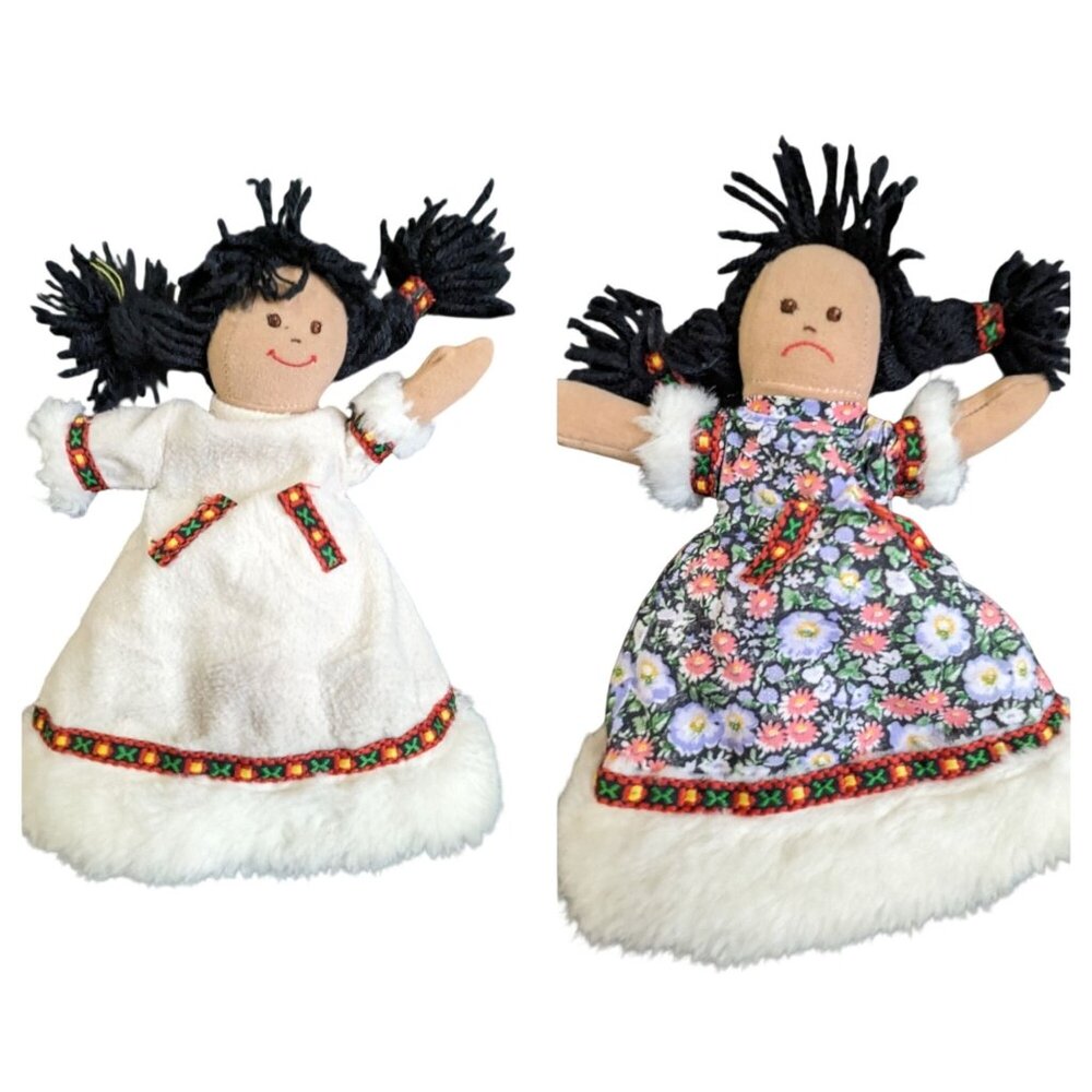 vtg  Reversible Topsy Turvy Flip Doll Happy Sad Face‎ Floral White Faux Fur 10"